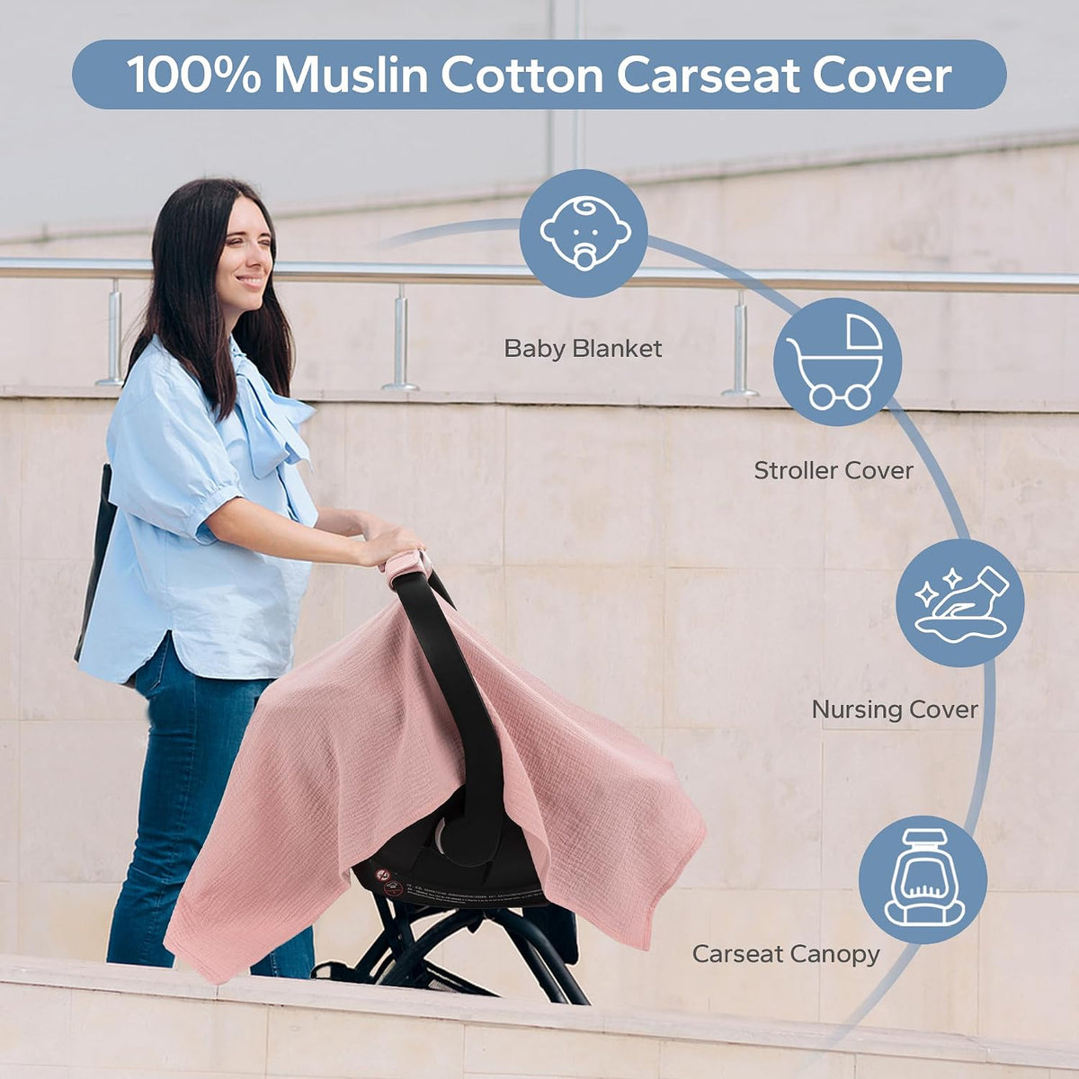 2-in-1 Muslin Baby Car Seat Cover & Nursing Cover, Soft Lightweight Breastfeeding Cover for Boys and Girls,Breathable Canopy for Infant Carseat & Stroller for Summer—Blueberrie