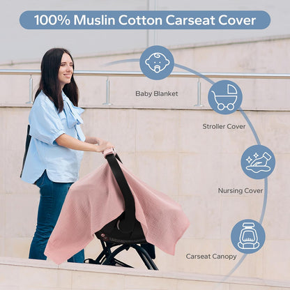 2-in-1 Muslin Baby Car Seat Cover & Nursing Cover, Soft Lightweight Breastfeeding Cover for Boys and Girls,Breathable Canopy for Infant Carseat & Stroller for Summer—Blueberrie