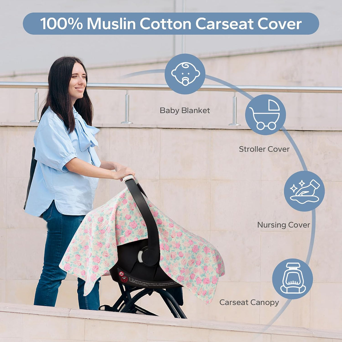 2-in-1 Muslin Baby Car Seat Cover & Nursing Cover, Soft Lightweight Breastfeeding Cover for Boys and Girls,Breathable Canopy for Infant Carseat & Stroller for Summer—Blueberrie