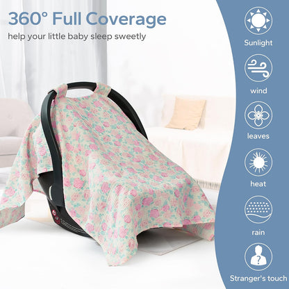 2-in-1 Muslin Baby Car Seat Cover & Nursing Cover, Soft Lightweight Breastfeeding Cover for Boys and Girls,Breathable Canopy for Infant Carseat & Stroller for Summer—Blueberrie