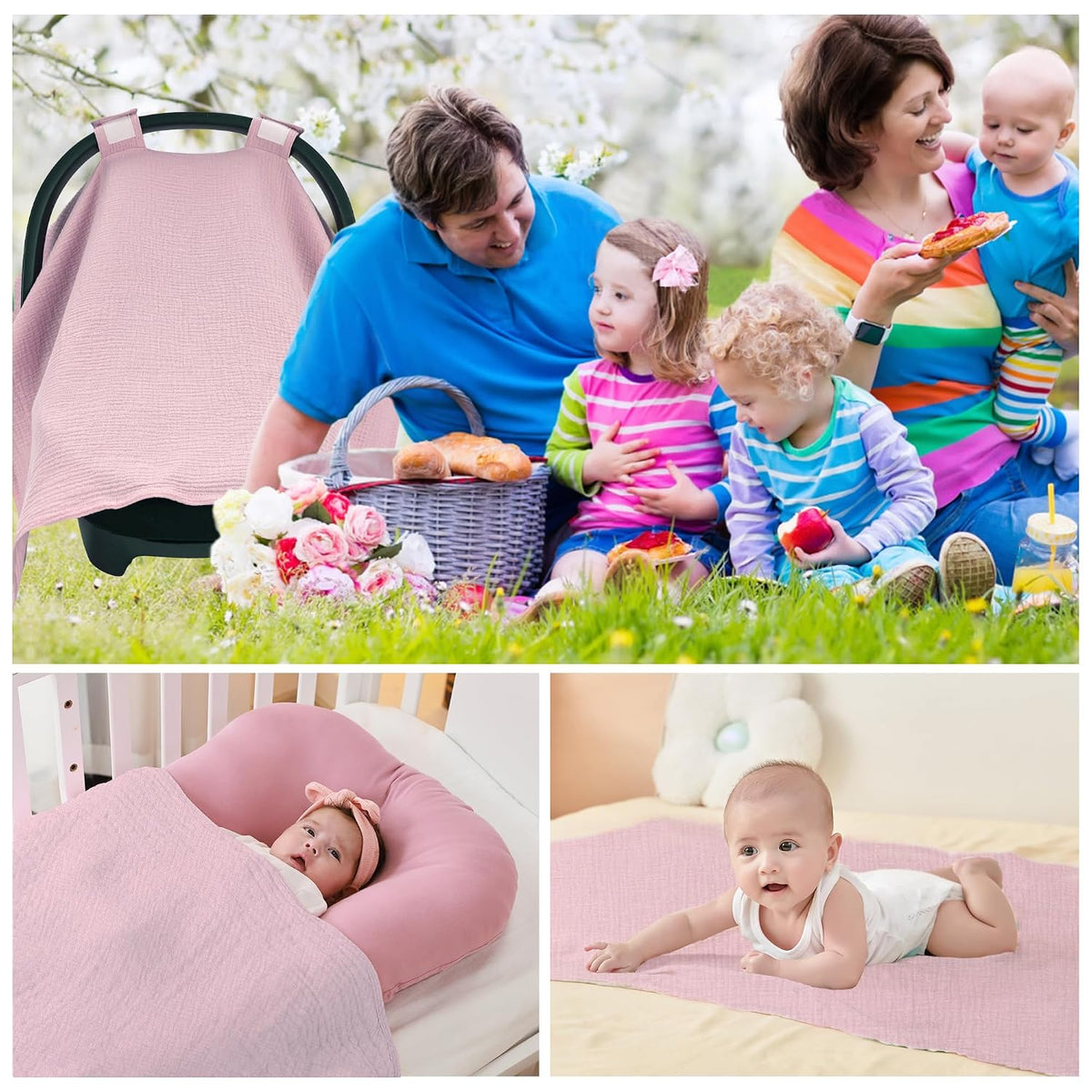2-in-1 Muslin Baby Car Seat Cover & Nursing Cover, Soft Lightweight Breastfeeding Cover for Boys and Girls,Breathable Canopy for Infant Carseat & Stroller for Summer—Blueberrie