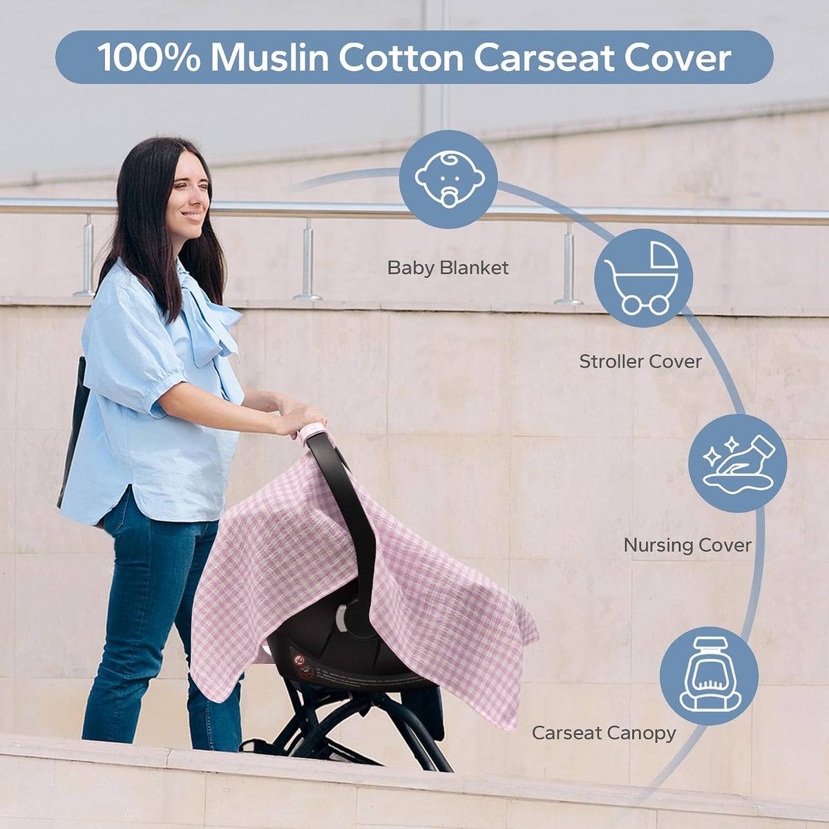 2-in-1 Muslin Baby Car Seat Cover & Nursing Cover, Soft Lightweight Breastfeeding Cover for Boys and Girls,Breathable Canopy for Infant Carseat & Stroller for Summer—Blueberrie