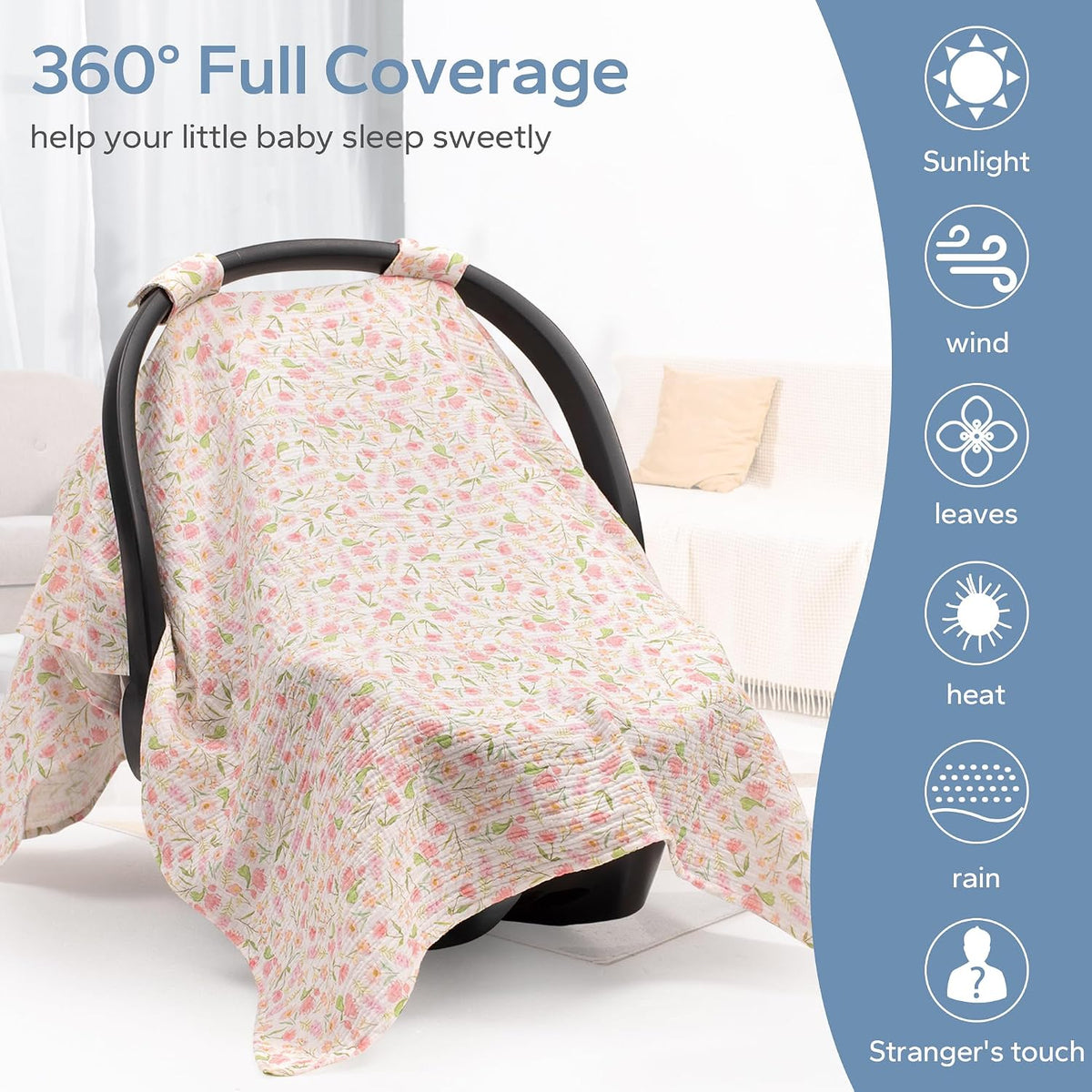 2-in-1 Muslin Baby Car Seat Cover & Nursing Cover, Soft Lightweight Breastfeeding Cover for Boys and Girls,Breathable Canopy for Infant Carseat & Stroller for Summer—Blueberrie