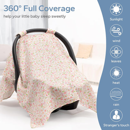 2-in-1 Muslin Baby Car Seat Cover & Nursing Cover, Soft Lightweight Breastfeeding Cover for Boys and Girls,Breathable Canopy for Infant Carseat & Stroller for Summer—Blueberrie