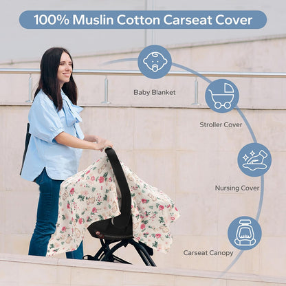 2-in-1 Muslin Baby Car Seat Cover & Nursing Cover, Soft Lightweight Breastfeeding Cover for Boys and Girls,Breathable Canopy for Infant Carseat & Stroller for Summer—Blueberrie