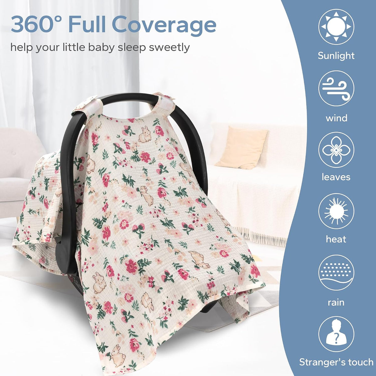 2-in-1 Muslin Baby Car Seat Cover & Nursing Cover, Soft Lightweight Breastfeeding Cover for Boys and Girls,Breathable Canopy for Infant Carseat & Stroller for Summer—Blueberrie