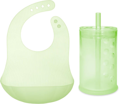 Silicone Training Cup with Straw Lid Bundle 9oz Kiwi Fold N Go Silicone Baby Bib w Travel Case (Kiwi)