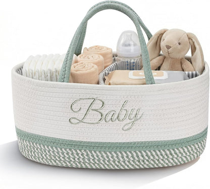 Diaper Caddy Organizer with Handle (White Green-Baby)