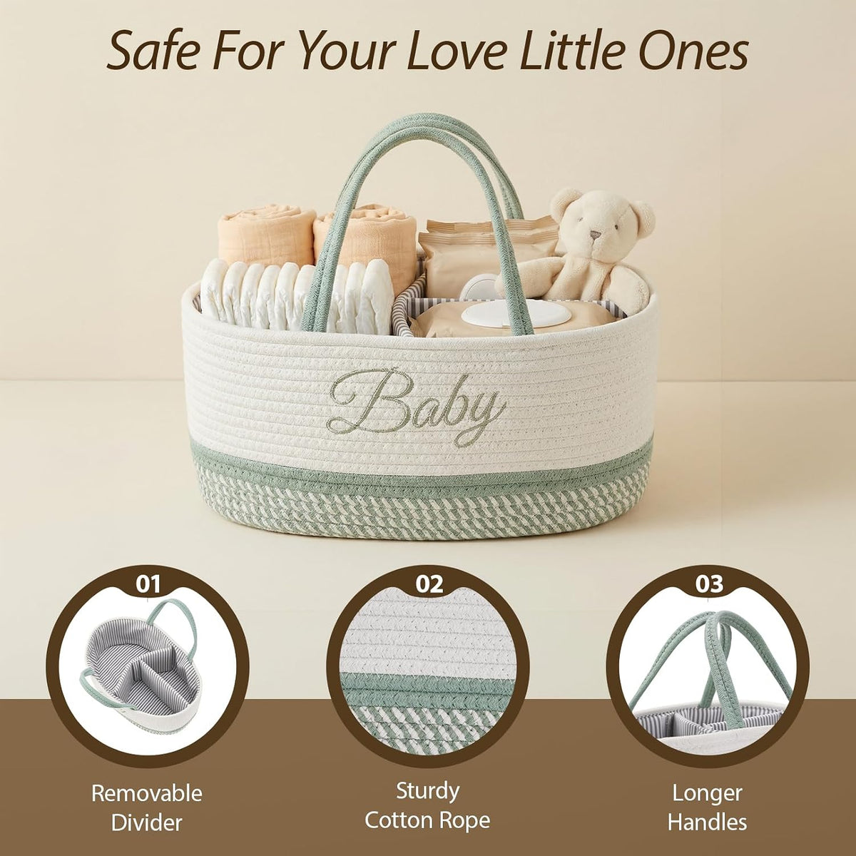 Diaper Caddy Organizer with Handle (White Green-Baby)