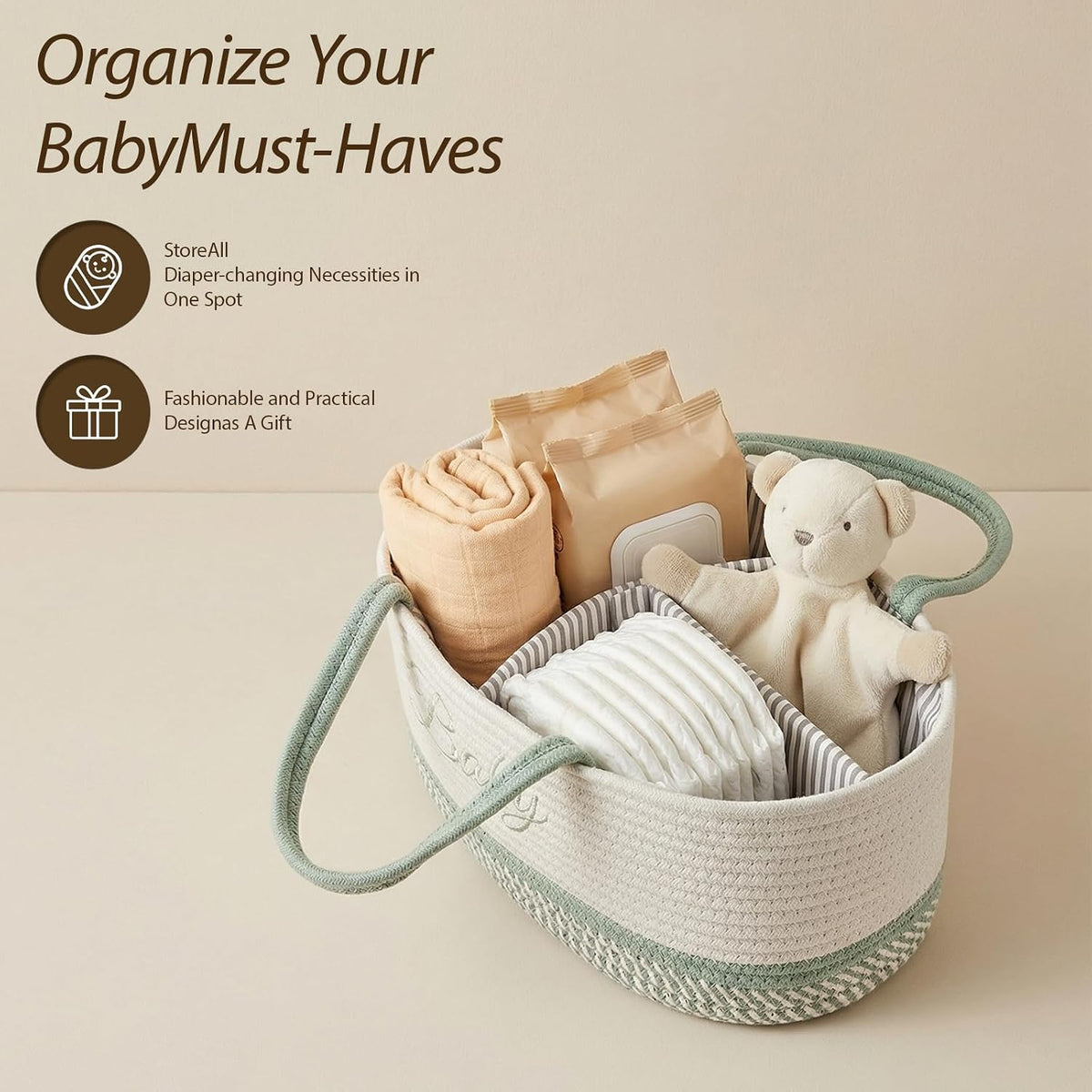 Diaper Caddy Organizer with Handle (White Green-Baby)