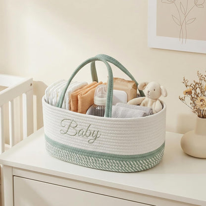 Diaper Caddy Organizer with Handle (White Green-Baby)