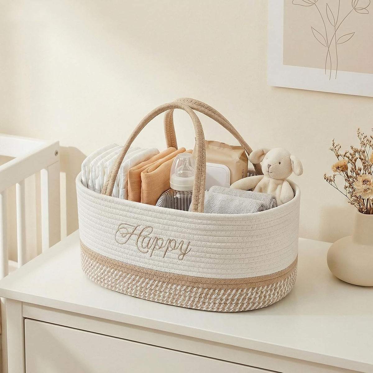 Diaper Caddy Organizer with Handle (White Green-Baby)