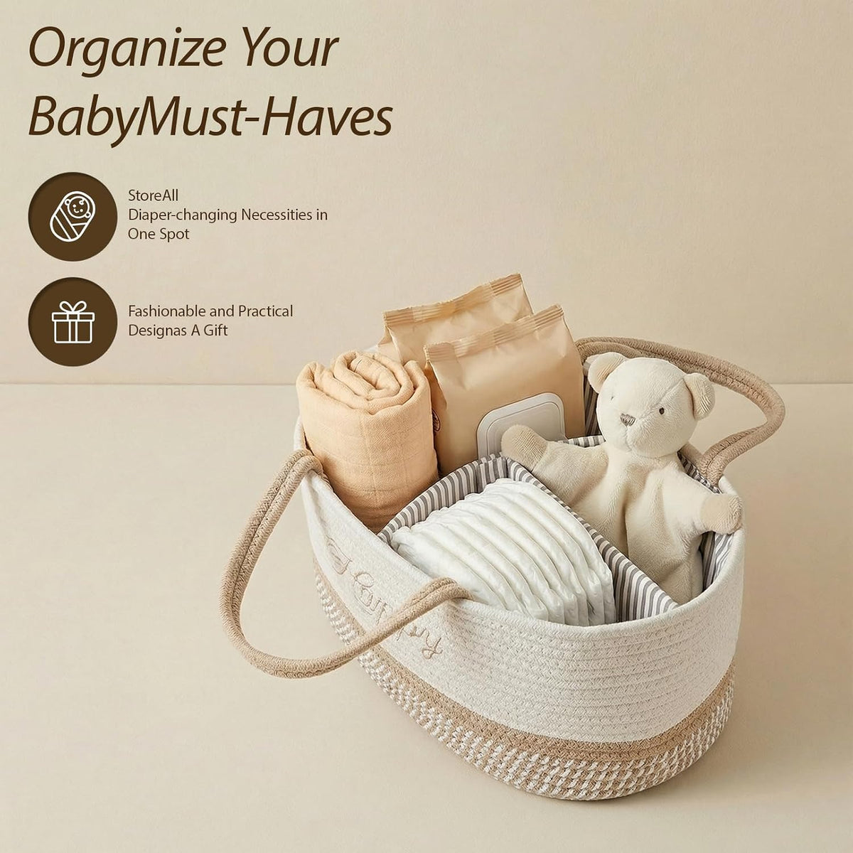 Diaper Caddy Organizer with Handle (White Green-Baby)