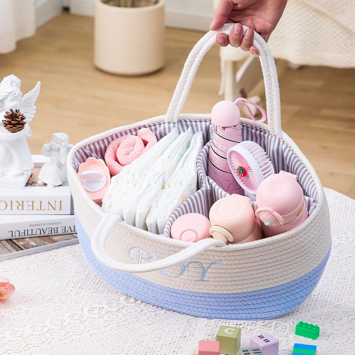 Diaper Caddy Organizer with Handle (White Green-Baby)