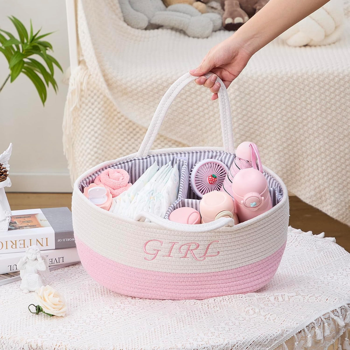 Diaper Caddy Organizer with Handle (White Green-Baby)