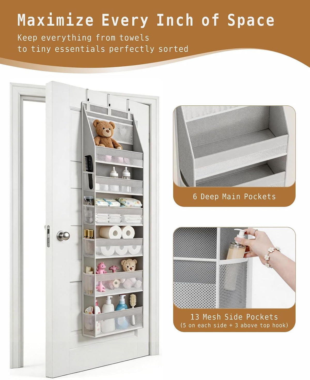 Over The Door Organizer 6 Large +13 Mesh Side Pockets