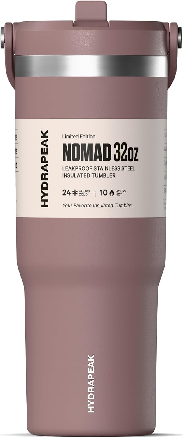 Nomad 32oz Stainless Steel Insulated Travel Tumbler with Handle & Straw Lid, Leakproof, Cupholder Friendly, Back to School, College Dorm, Gym & Everyday Hydration, Cold 24 Hours (Rosewood)
