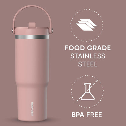 Nomad 32oz Stainless Steel Insulated Travel Tumbler with Handle & Straw Lid, Leakproof, Cupholder Friendly, Back to School, College Dorm, Gym & Everyday Hydration, Cold 24 Hours (Rosewood)
