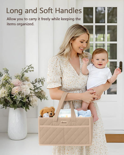 Diaper Caddy Organizer For Changing Table,Dutch Velvet Baby Diaper Caddy With 3 Removable Compartments &4 Side Pockets,Portable Diaper Basket For Car Organizer,Nursery Organizer For Essential Supplies