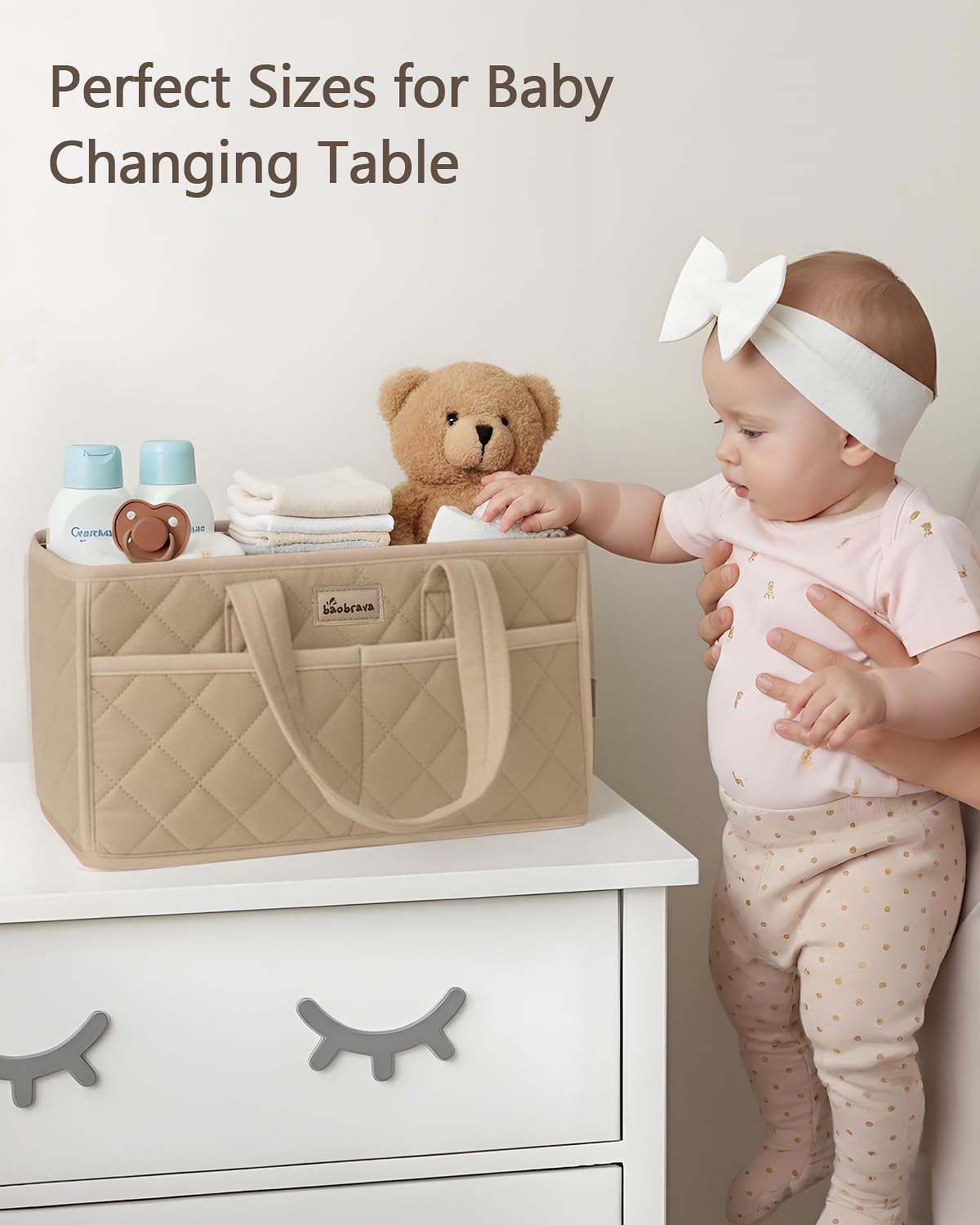 Diaper Caddy Organizer For Changing Table,Dutch Velvet Baby Diaper Caddy With 3 Removable Compartments &4 Side Pockets,Portable Diaper Basket For Car Organizer,Nursery Organizer For Essential Supplies
