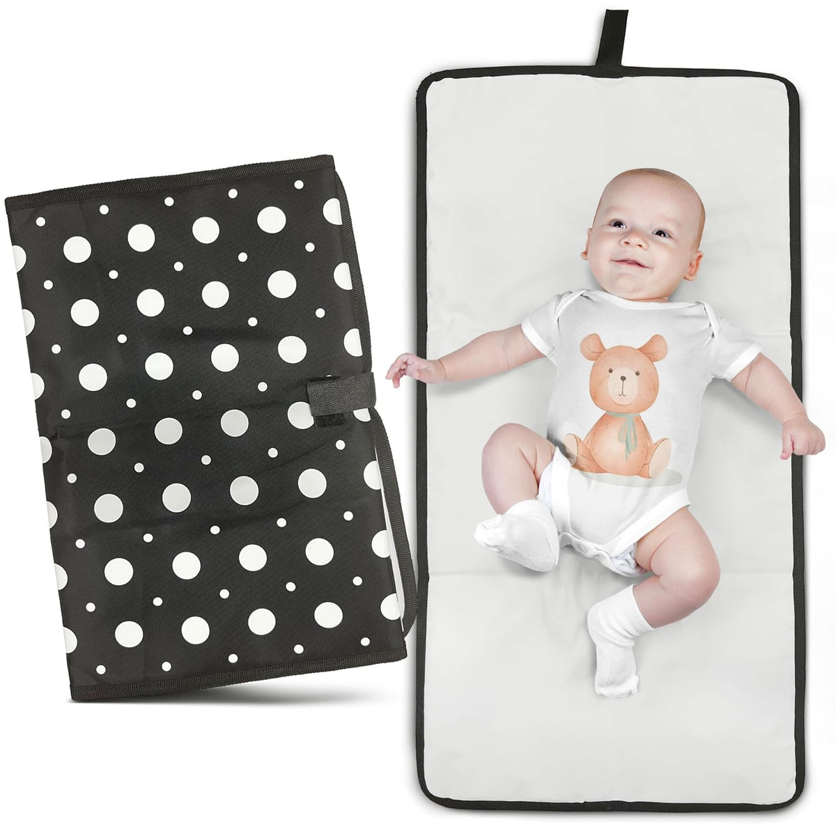 Portable Diaper Changing Pad, Long for Easy Baby Change On-the-Go, Waterproof Foldable Mat for Newborn, Infant, Toddler, Travel Bag- Compact Wipeable- Shower Gift- Black and White Polkadot