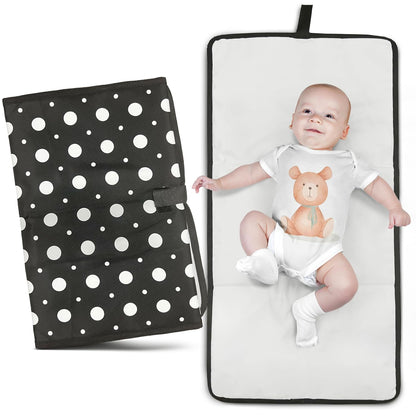 Portable Diaper Changing Pad, Long for Easy Baby Change On-the-Go, Waterproof Foldable Mat for Newborn, Infant, Toddler, Travel Bag- Compact Wipeable- Shower Gift- Black and White Polkadot