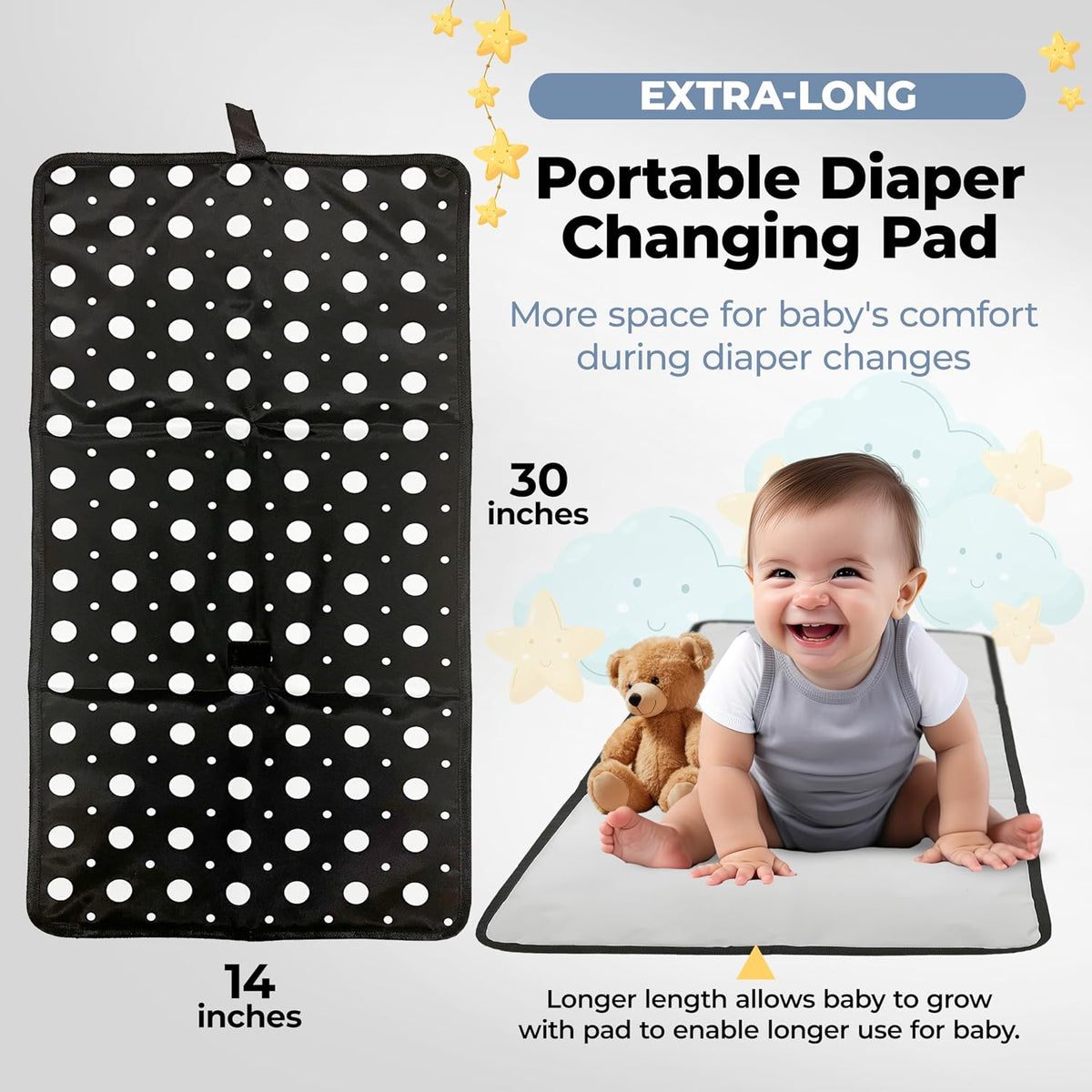 Portable Diaper Changing Pad, Long for Easy Baby Change On-the-Go, Waterproof Foldable Mat for Newborn, Infant, Toddler, Travel Bag- Compact Wipeable- Shower Gift- Black and White Polkadot