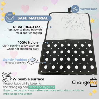Portable Diaper Changing Pad, Long for Easy Baby Change On-the-Go, Waterproof Foldable Mat for Newborn, Infant, Toddler, Travel Bag- Compact Wipeable- Shower Gift- Black and White Polkadot