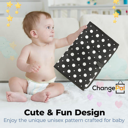Portable Diaper Changing Pad, Long for Easy Baby Change On-the-Go, Waterproof Foldable Mat for Newborn, Infant, Toddler, Travel Bag- Compact Wipeable- Shower Gift- Black and White Polkadot