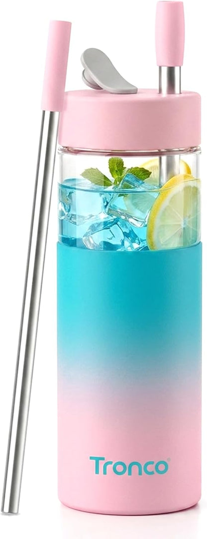 24 oz Glass Tumbler with Lid and Straws, Leakproof Iced Coffee Cups | BPA-Free, Borosilicate Glass Coffee Cups with Silicone Lids for Boba Tea, Smoothie, Office, Travel & Gifts, Dishwasher Safe
