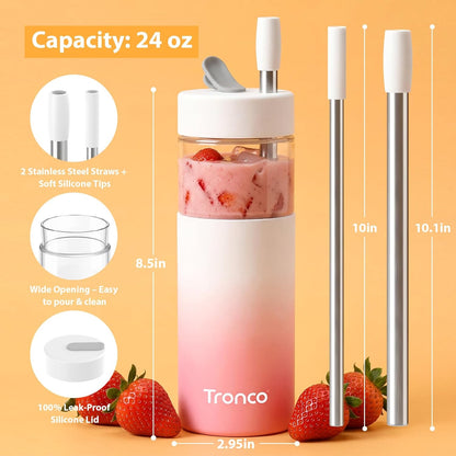 24 oz Glass Tumbler with Lid and Straws, Leakproof Iced Coffee Cups | BPA-Free, Borosilicate Glass Coffee Cups with Silicone Lids for Boba Tea, Smoothie, Office, Travel & Gifts, Dishwasher Safe