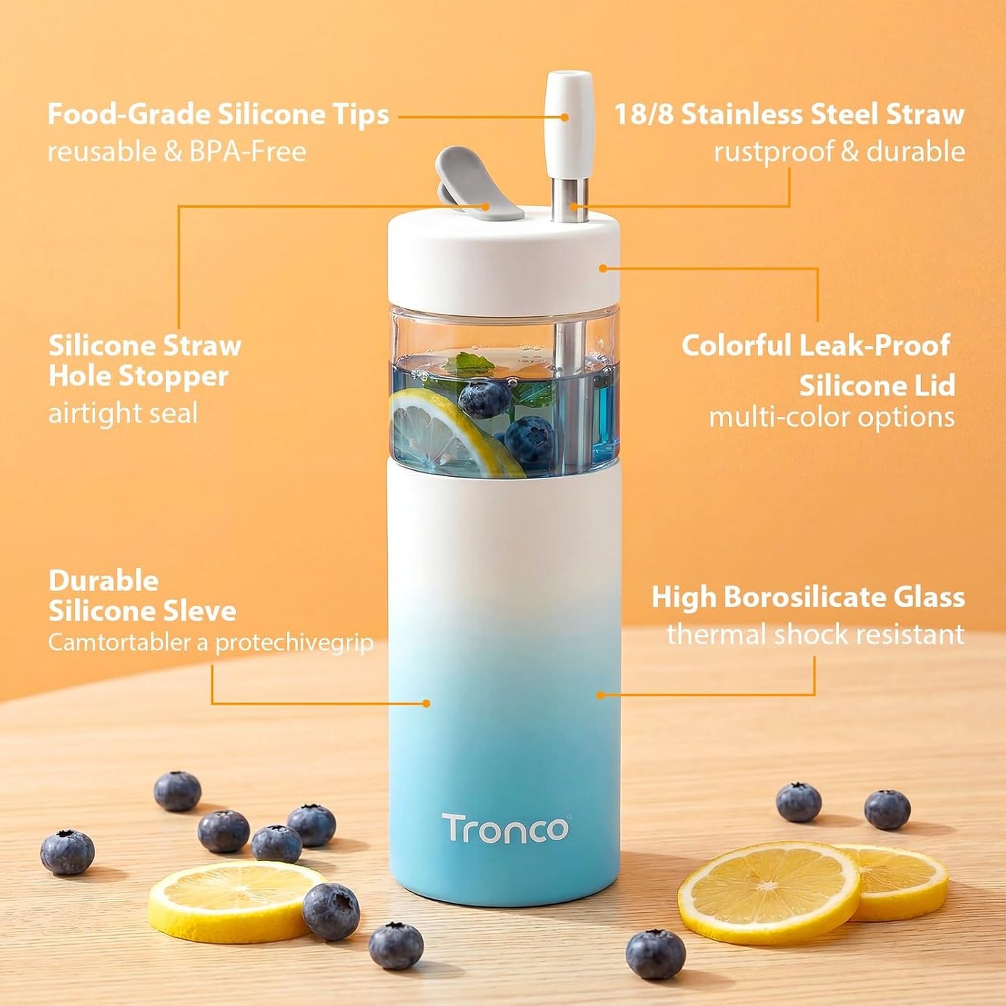 24 oz Glass Tumbler with Lid and Straws, Leakproof Iced Coffee Cups | BPA-Free, Borosilicate Glass Coffee Cups with Silicone Lids for Boba Tea, Smoothie, Office, Travel & Gifts, Dishwasher Safe