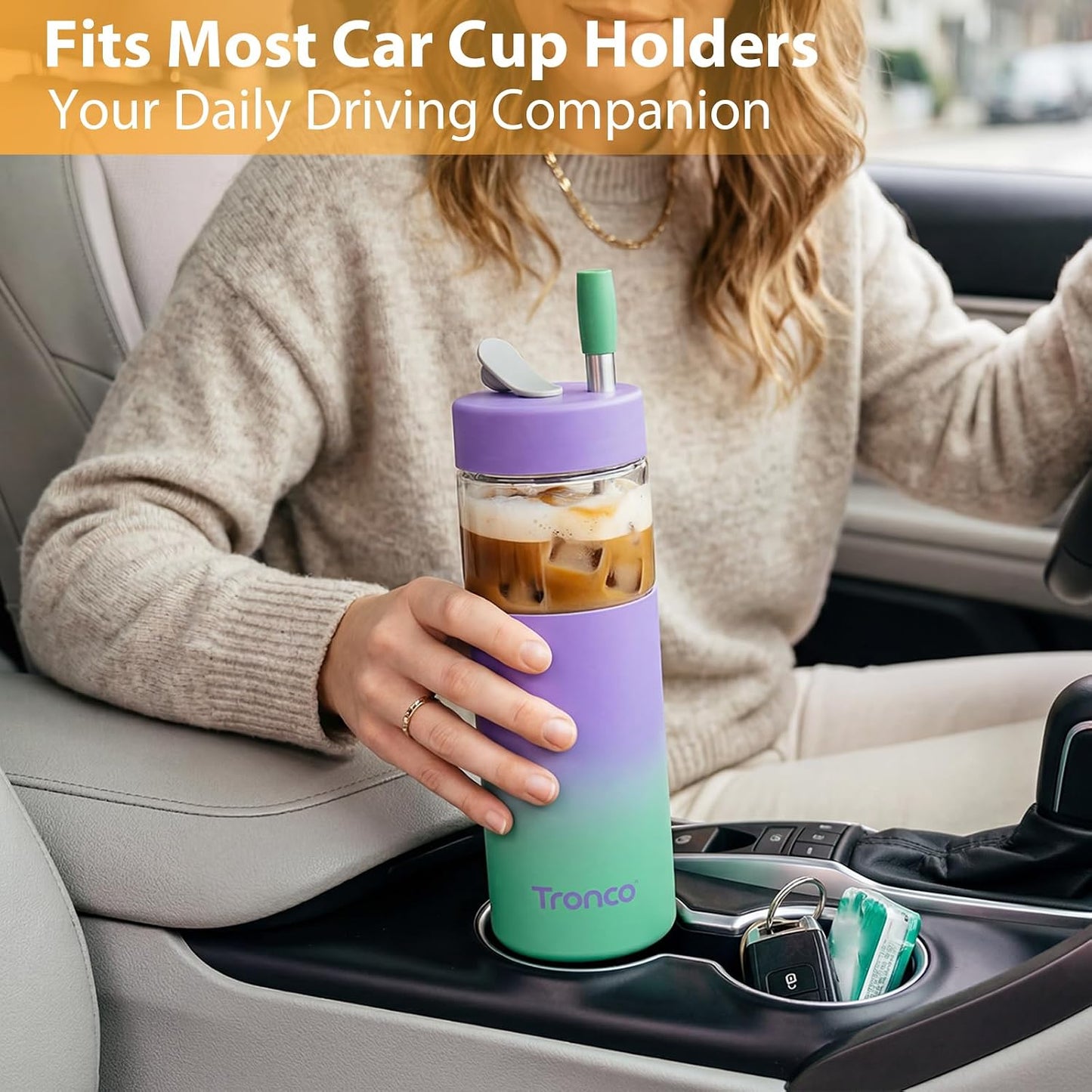 24 oz Glass Tumbler with Lid and Straws, Leakproof Iced Coffee Cups | BPA-Free, Borosilicate Glass Coffee Cups with Silicone Lids for Boba Tea, Smoothie, Office, Travel & Gifts, Dishwasher Safe