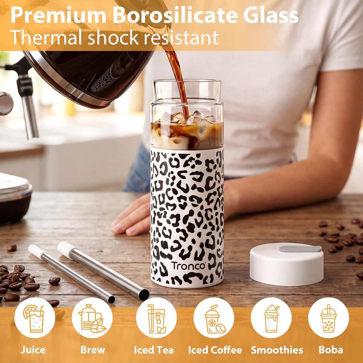 24 oz Glass Tumbler with Lid and Straws, Leakproof Iced Coffee Cups | BPA-Free, Borosilicate Glass Coffee Cups with Silicone Lids for Boba Tea, Smoothie, Office, Travel & Gifts, Dishwasher Safe