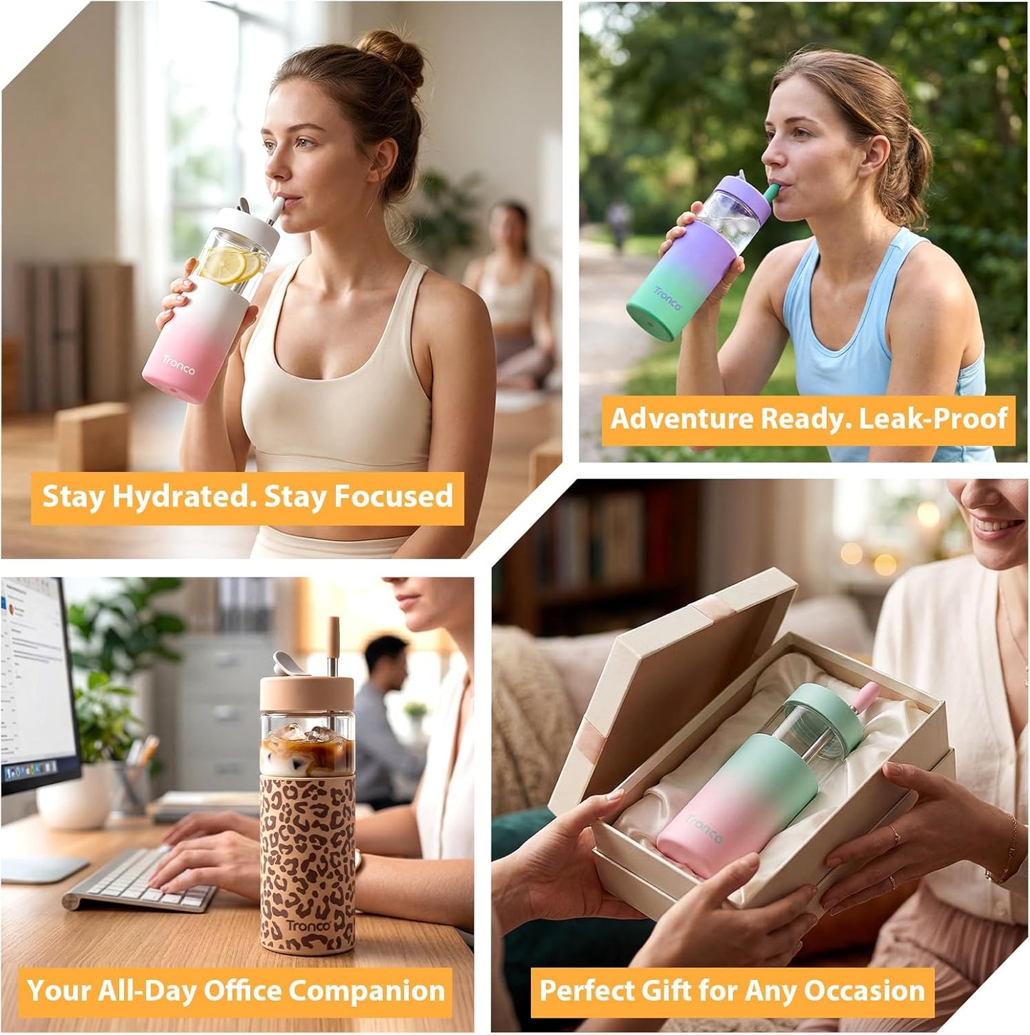 24 oz Glass Tumbler with Lid and Straws, Leakproof Iced Coffee Cups | BPA-Free, Borosilicate Glass Coffee Cups with Silicone Lids for Boba Tea, Smoothie, Office, Travel & Gifts, Dishwasher Safe
