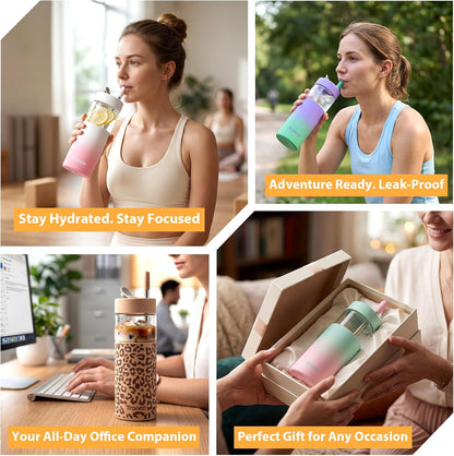24 oz Glass Tumbler with Lid and Straws, Leakproof Iced Coffee Cups | BPA-Free, Borosilicate Glass Coffee Cups with Silicone Lids for Boba Tea, Smoothie, Office, Travel & Gifts, Dishwasher Safe