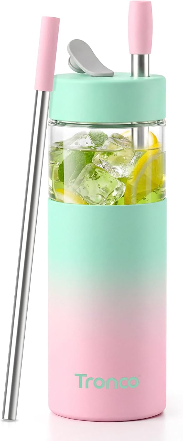 24 oz Glass Tumbler with Lid and Straws, Leakproof Iced Coffee Cups | BPA-Free, Borosilicate Glass Coffee Cups with Silicone Lids for Boba Tea, Smoothie, Office, Travel & Gifts, Dishwasher Safe