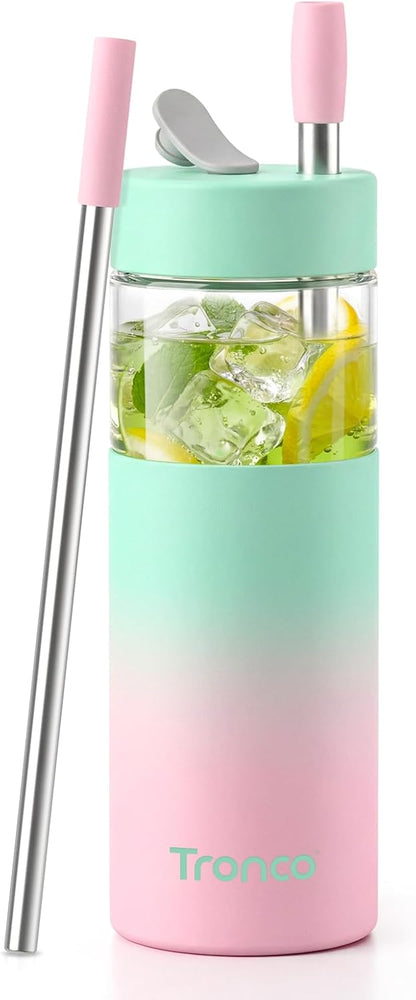 24 oz Glass Tumbler with Lid and Straws, Leakproof Iced Coffee Cups | BPA-Free, Borosilicate Glass Coffee Cups with Silicone Lids for Boba Tea, Smoothie, Office, Travel & Gifts, Dishwasher Safe