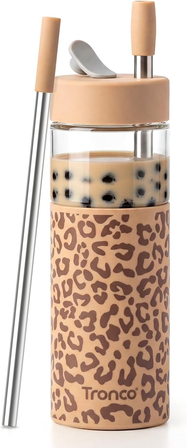 24 oz Glass Tumbler with Lid and Straws, Leakproof Iced Coffee Cups | BPA-Free, Borosilicate Glass Coffee Cups with Silicone Lids for Boba Tea, Smoothie, Office, Travel & Gifts, Dishwasher Safe