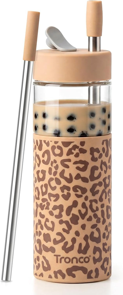 24 oz Glass Tumbler with Lid and Straws, Leakproof Iced Coffee Cups | BPA-Free, Borosilicate Glass Coffee Cups with Silicone Lids for Boba Tea, Smoothie, Office, Travel & Gifts, Dishwasher Safe