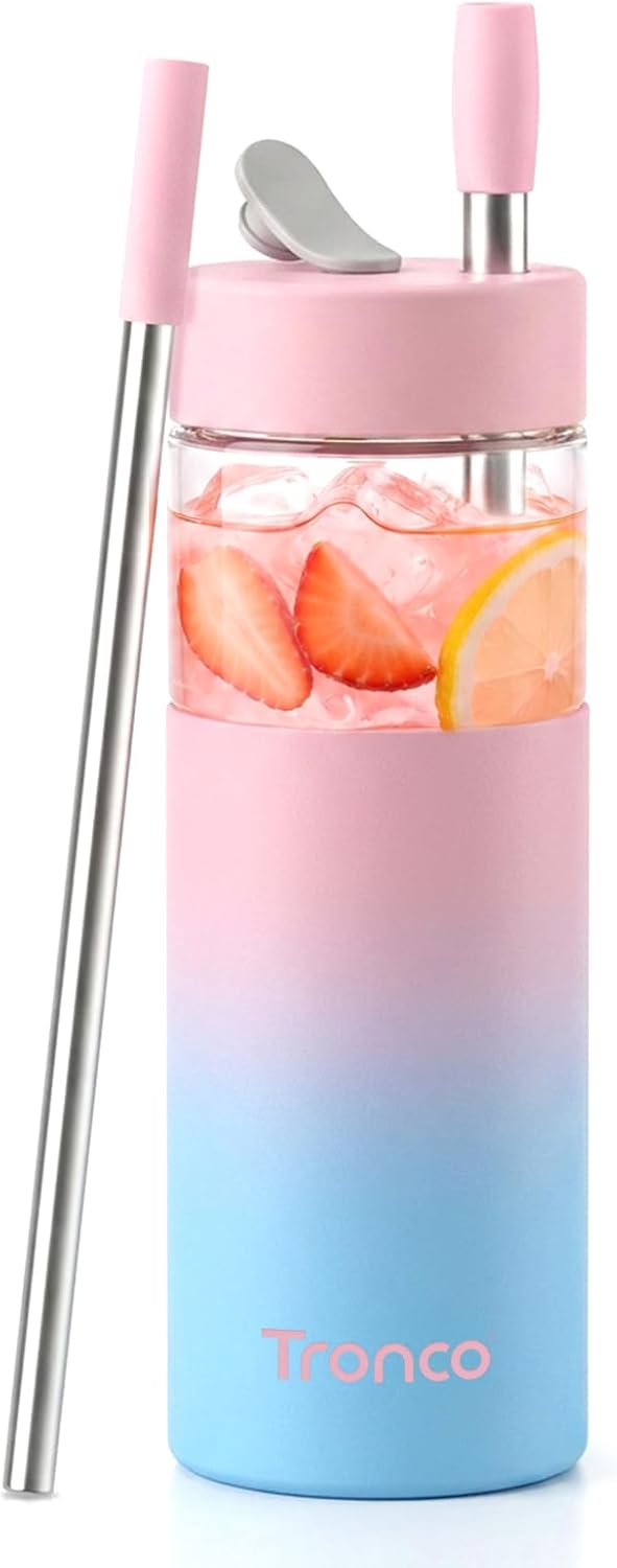 24 oz Glass Tumbler with Lid and Straws, Leakproof Iced Coffee Cups | BPA-Free, Borosilicate Glass Coffee Cups with Silicone Lids for Boba Tea, Smoothie, Office, Travel & Gifts, Dishwasher Safe