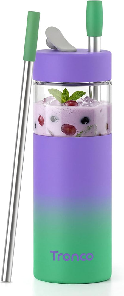 24 oz Glass Tumbler with Lid and Straws, Leakproof Iced Coffee Cups | BPA-Free, Borosilicate Glass Coffee Cups with Silicone Lids for Boba Tea, Smoothie, Office, Travel & Gifts, Dishwasher Safe