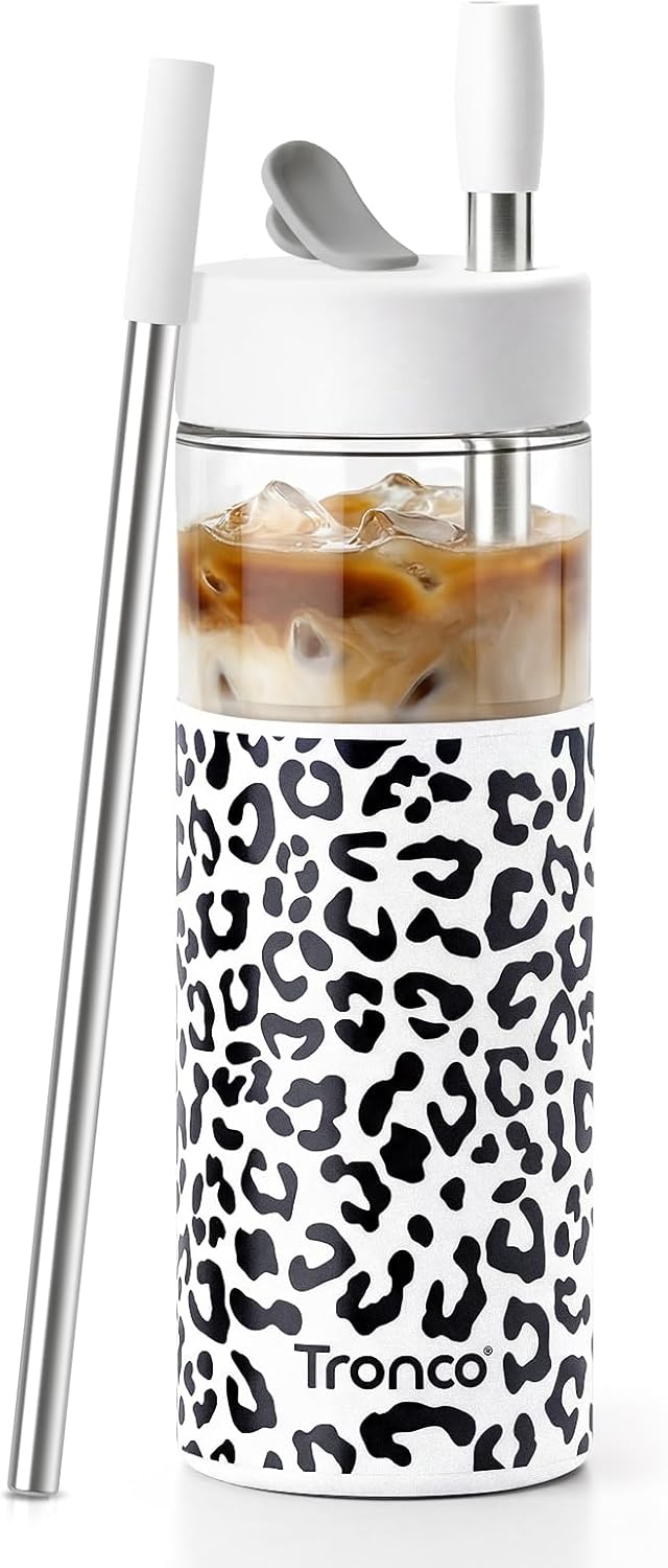 24 oz Glass Tumbler with Lid and Straws, Leakproof Iced Coffee Cups | BPA-Free, Borosilicate Glass Coffee Cups with Silicone Lids for Boba Tea, Smoothie, Office, Travel & Gifts, Dishwasher Safe