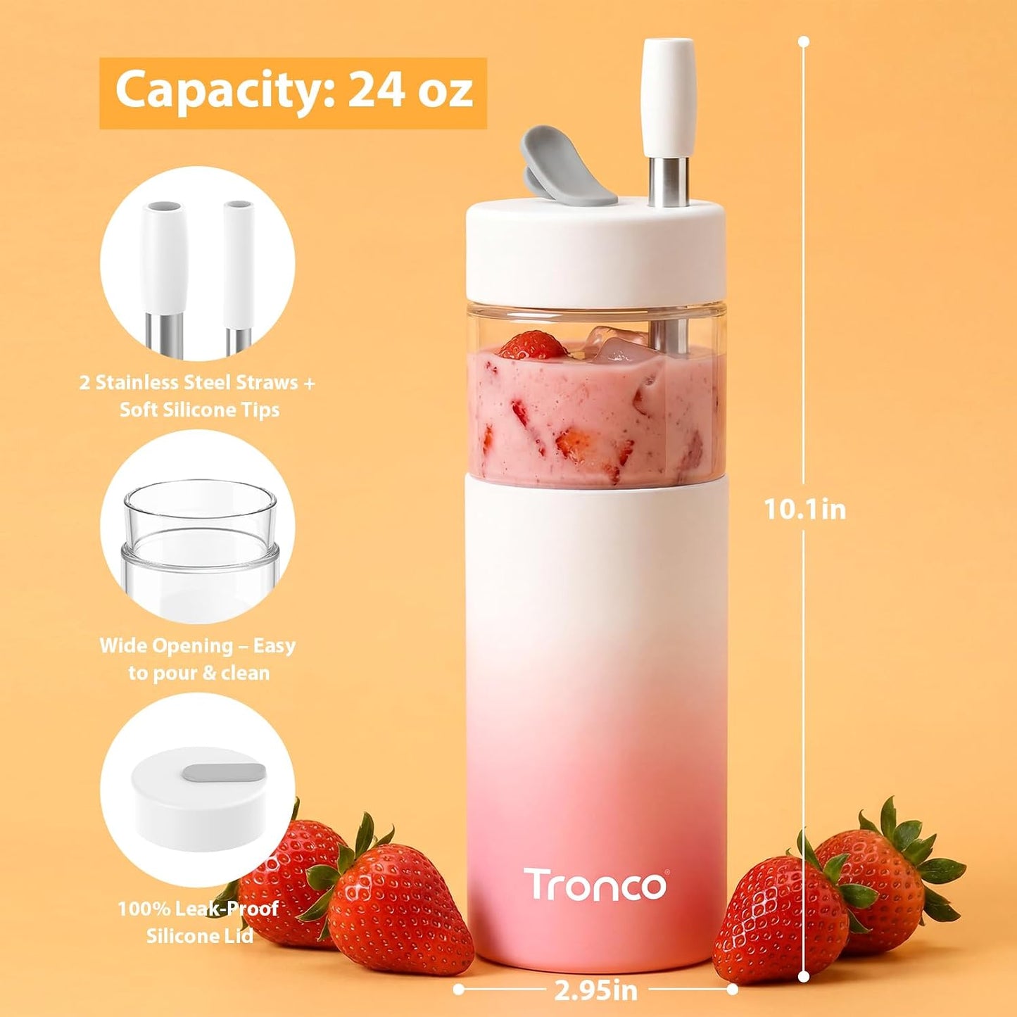 24 oz Glass Tumbler with Lid and Straws, Leakproof Iced Coffee Cups | BPA-Free, Borosilicate Glass Coffee Cups with Silicone Lids for Boba Tea, Smoothie, Office, Travel & Gifts, Dishwasher Safe