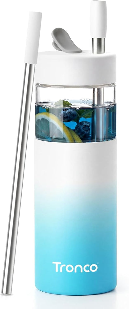24 oz Glass Tumbler with Lid and Straws, Leakproof Iced Coffee Cups | BPA-Free, Borosilicate Glass Coffee Cups with Silicone Lids for Boba Tea, Smoothie, Office, Travel & Gifts, Dishwasher Safe