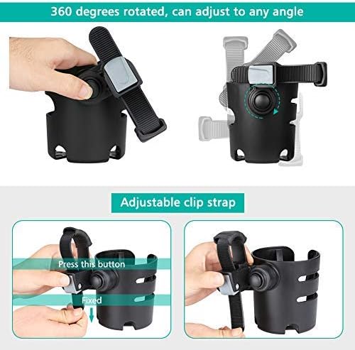 Stroller Cup Holder with Adjustable Strap, 360 Degree Rotatable Universal Cup Holder for Uppababy, Nuna, Doona Stroller, Drinks Holder for Wheelchair, Walker, Rollator
