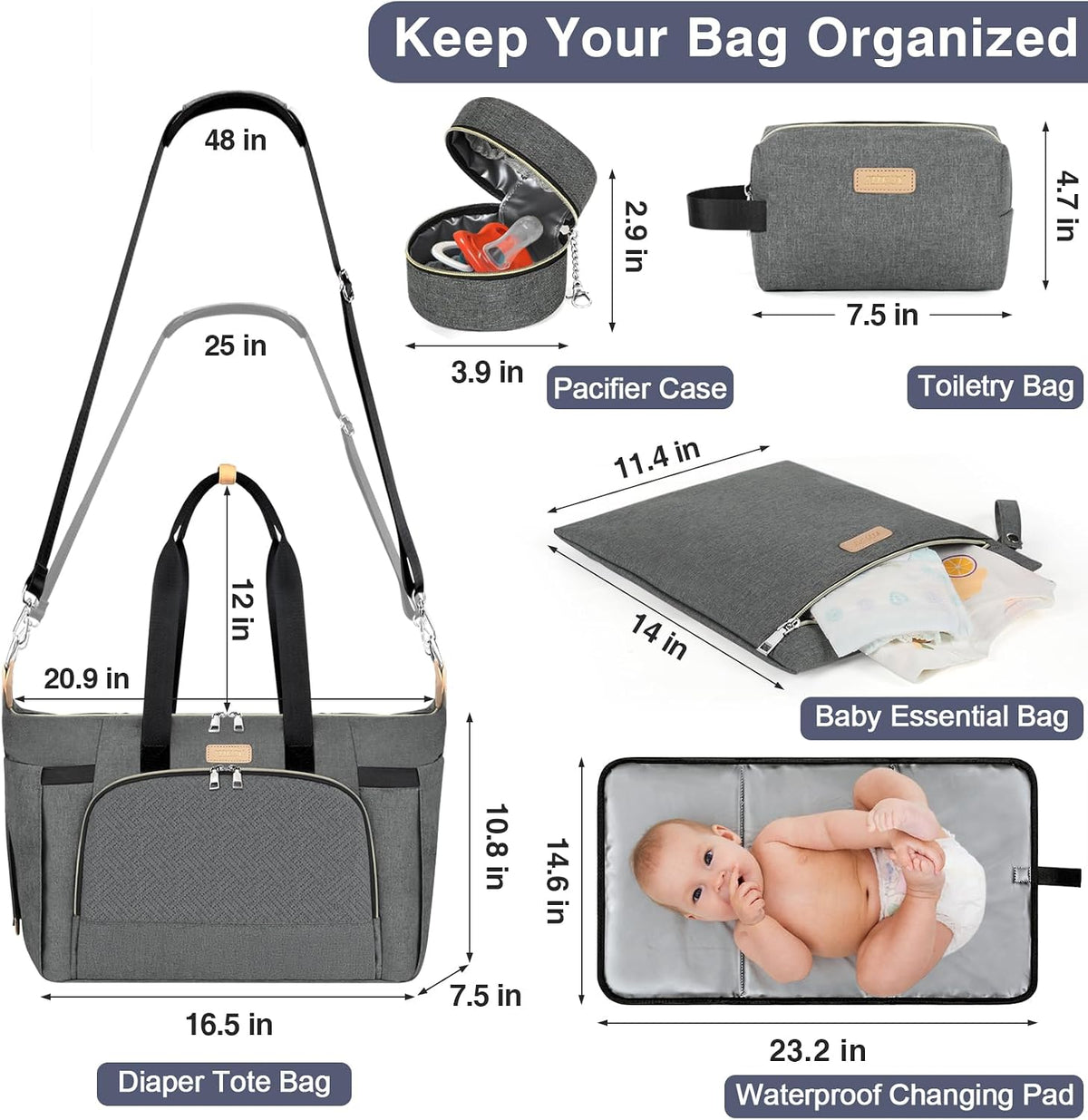 Diaper Bag Tote for Baby 7PCS, Large Mommy Bag with Portable Changing Pad