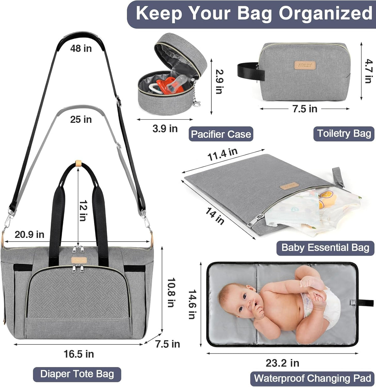 Diaper Bag Tote for Baby 7PCS, Large Mommy Bag with Portable Changing Pad