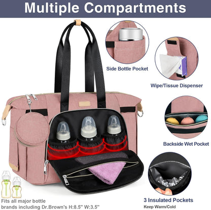 Diaper Bag Tote for Baby 7PCS, Large Mommy Bag with Portable Changing Pad