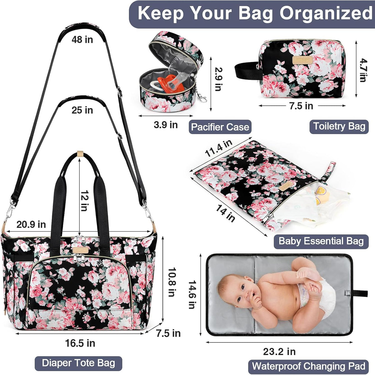 Diaper Bag Tote for Baby 7PCS, Large Mommy Bag with Portable Changing Pad